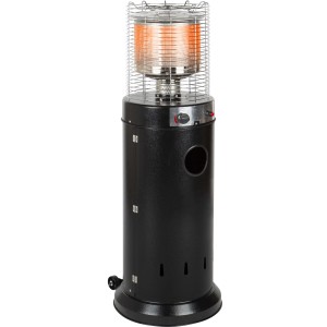 Stufa a gas da esterno nera con ruote e riscaldatore radiante sotto una griglia protettiva.