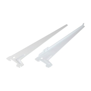 Due staffe angolari bianche a un foro, 38 cm, per mensole e costruzione di mobili.