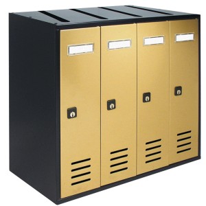 Cassetta postale t.b.t. color oro con pannelli laterali neri e quattro scomparti.