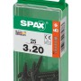 Viti SPAX 3x20 mm in contenitore di plastica verde. Fissaggi universali per il fai da te.