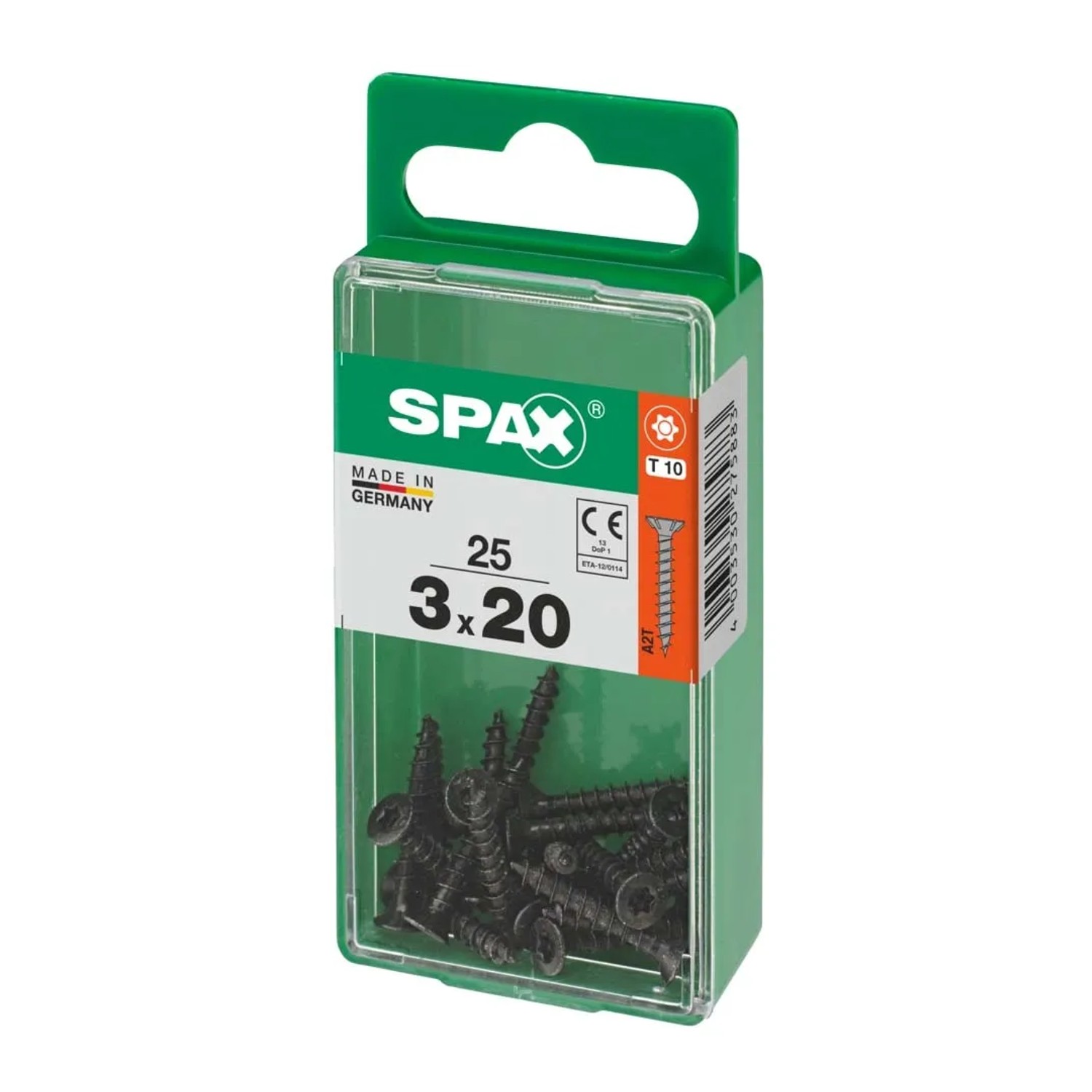 Viti SPAX 3x20 mm in contenitore di plastica verde. Fissaggi universali per il fai da te.