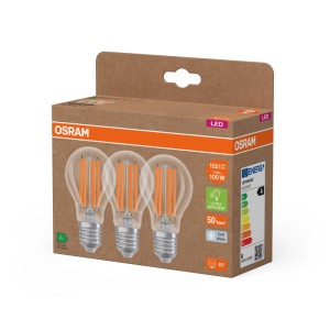 Confezione di lampadine LED E27 Osram con tre lampadine chiare. Efficienza energetica e lunga durata.