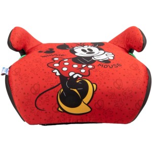 Seggiolino auto rialzato rosso con Minnie Mouse per un maggiore comfort in auto.
