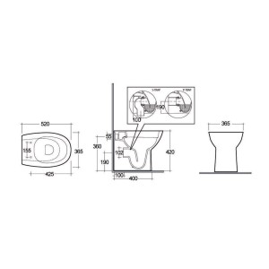 Disegno tecnico WC: Misure e dettagli del WC a parete t.b.t.