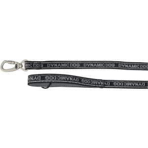 Guinzaglio nero per cani con moschettone e scritta.