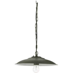 Lampada a sospensione da esterno color oliva con catena e paralume.