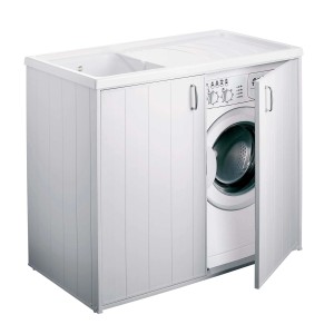 Mobile lavatrice Lavatoi bianco con lavabo e ante aperte.