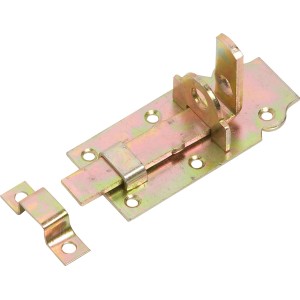 Catenaccio per porta zincato giallo, 100x45 mm, con anello piegato e controparte per avvitare.