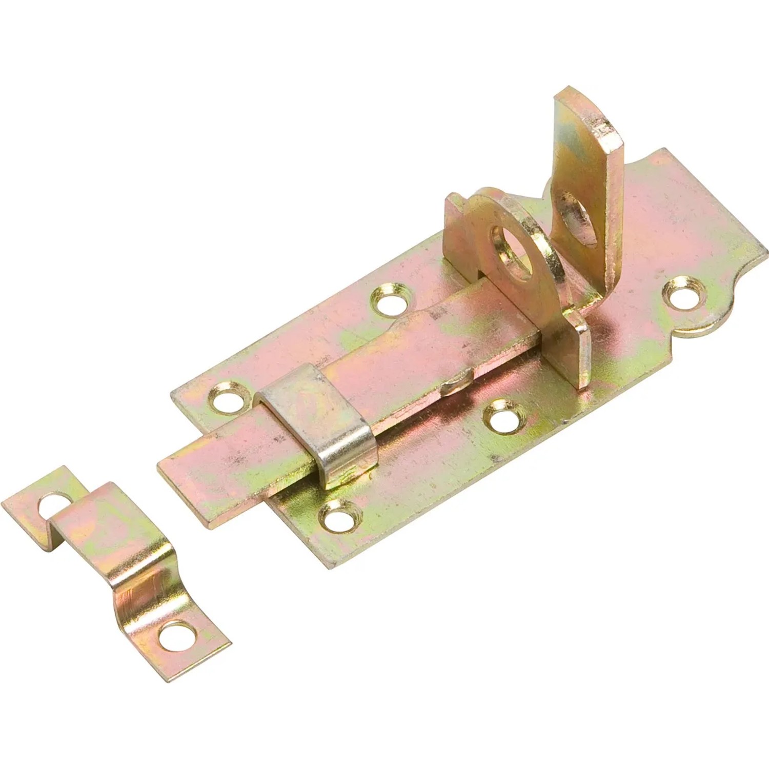 Catenaccio per porta zincato giallo, 100x45 mm, con anello piegato e controparte per avvitare.