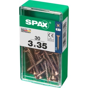 Viti per legno SPAX 3x35 mm in contenitore di plastica verde.