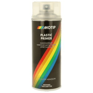 Bomboletta spray MOTIP nera per primer plastica, 400 ml, con striscia arcobaleno. Asciugatura rapida, trasparente, opaca per riparazioni.