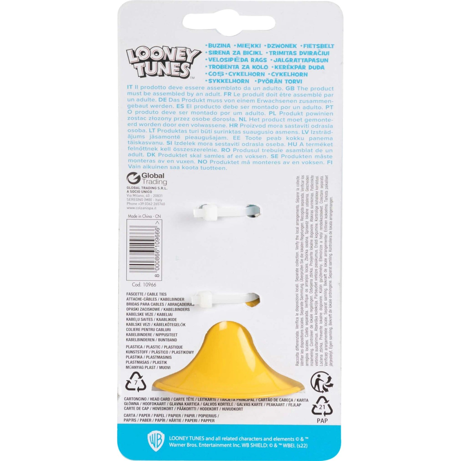 Trombettino giallo t.b.t. per bici, montaggio su manubrio, accessorio per sicurezza.