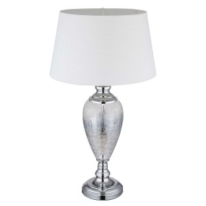 Elegante lampada da scrivania con base argentata e paralume bianco.