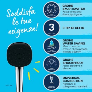 Soffione doccia Grohe Vitalio Comfort 110, cromo, quadrato, 3 getti, Quickfix.