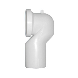 Curva di scarico WC bianca per installazione a parete.