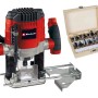Fresatrice verticale Einhell, rosso/nero, con set di frese in scatola di legno.