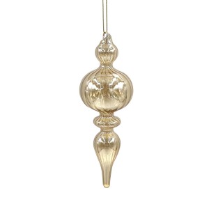 Decorazione per albero di Natale allungata color oro con ornamenti.