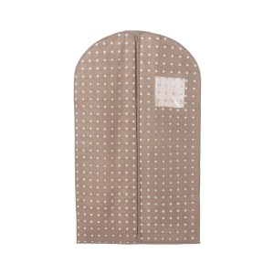 Custodia per abiti beige a pois bianchi con finestra per organizer armadio.