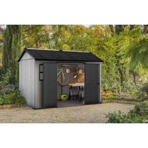 Casetta da giardino Keter Oakland 1175 in nero-grigio con doppie porte aperte e banco da lavoro all'interno.