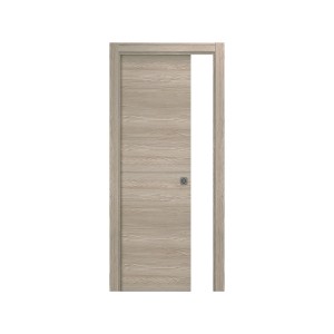 Porta interna chiara con motivo a venature del legno, vista dettagliata. Porta per interni.