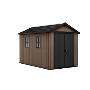 Casetta da giardino in plastica marrone con tetto nero e doppia porta.