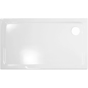 Piatto doccia rettangolare bianco con superficie leggermente strutturata e foro di scarico.