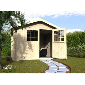 Casetta da giardino in legno con porte aperte e tosaerba all'interno.