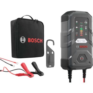 Caricabatterie Bosch C70 con borsa, morsetti e gancio per manutenzione auto.
