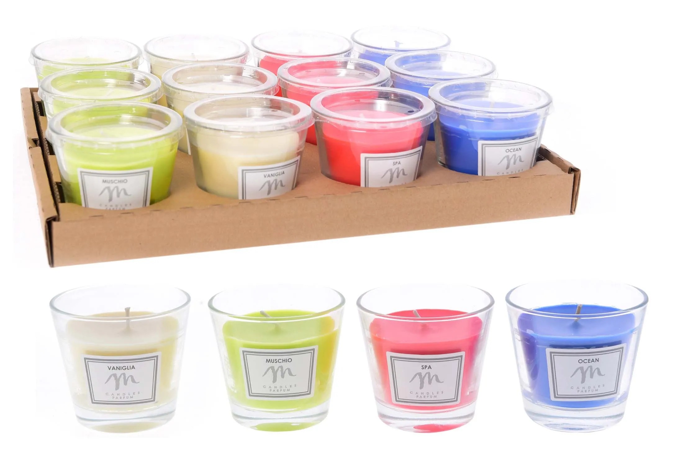 Candela decorativa profumata cofanetto di vetro 9x8 cm assortiti