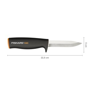 Coltello universale Fiskars K40, lungo 22,5 cm, con manico nero e lama argentata. Utensile da giardino.