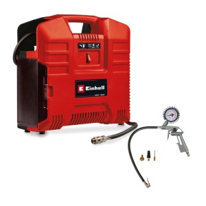 Compressore portatile a batteria Einhell Power X-Change rosso con gonfia gomme, tubo e adattatori. Fino a 8 bar.