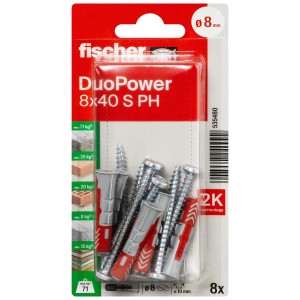 Fischer Tasselli DuoPower 8x40 S PH, 8 pezzi, per un fissaggio sicuro in diversi materiali.