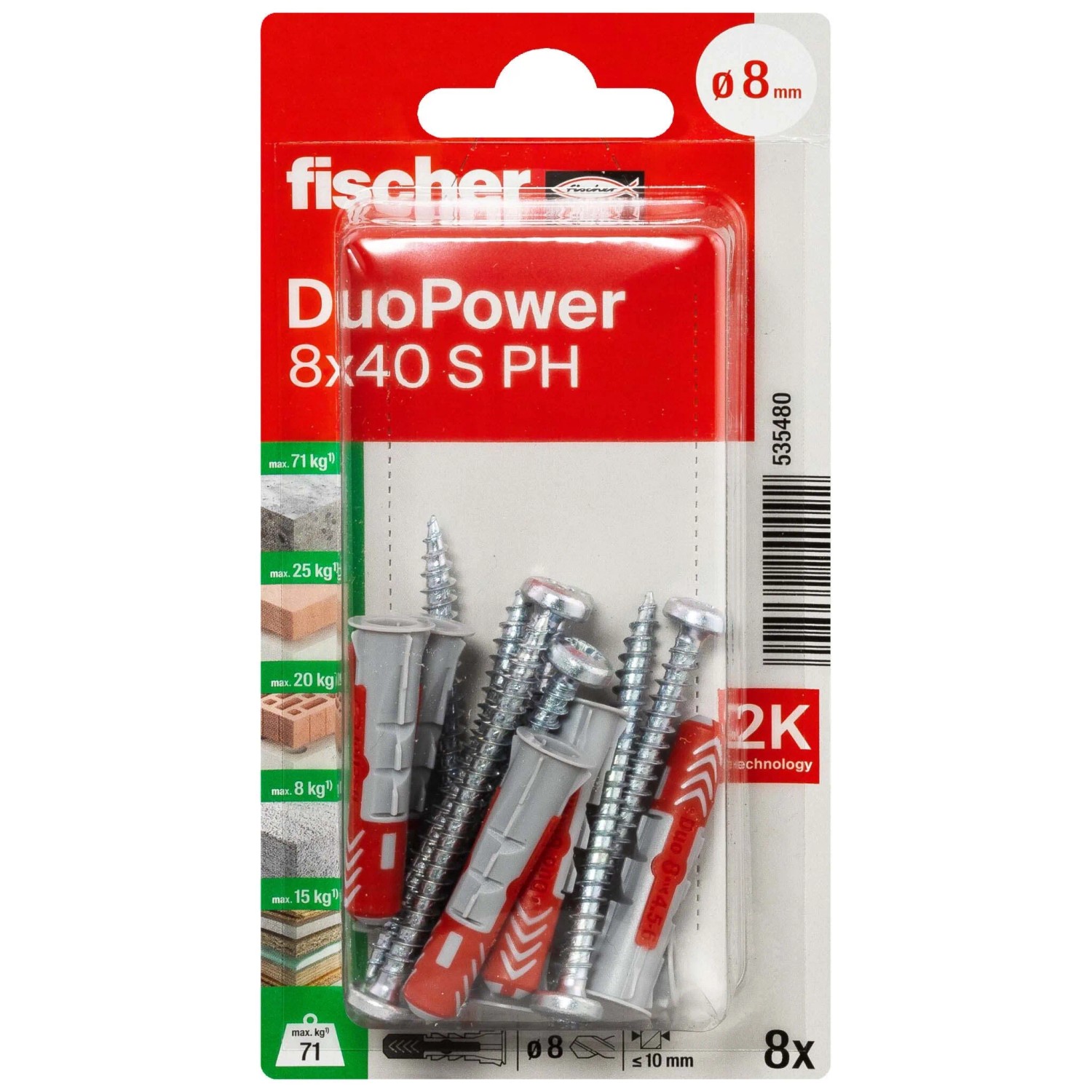 Fischer Tasselli DuoPower 8x40 S PH, 8 pezzi, per un fissaggio sicuro in diversi materiali.