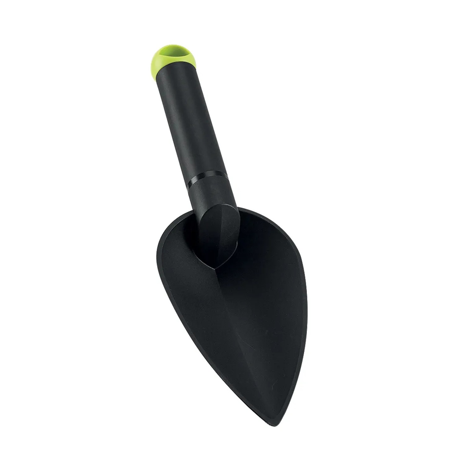 Trapiantatore nero con manico verde per giardinaggio.