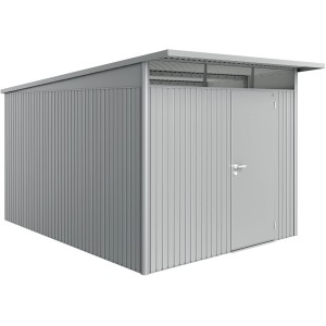 Casetta da giardino in metallo grigio t.b.t. con porta e tetto piatto.