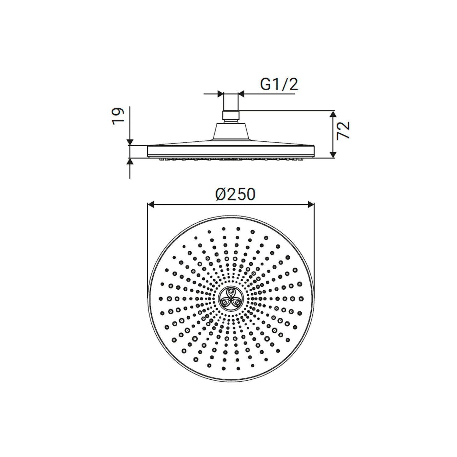 Disegno tecnico: soffione t.b.t. con dimensioni.