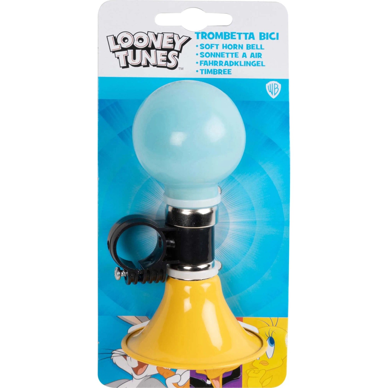 Campanello per bici giallo con sfera blu e design Looney Tunes.