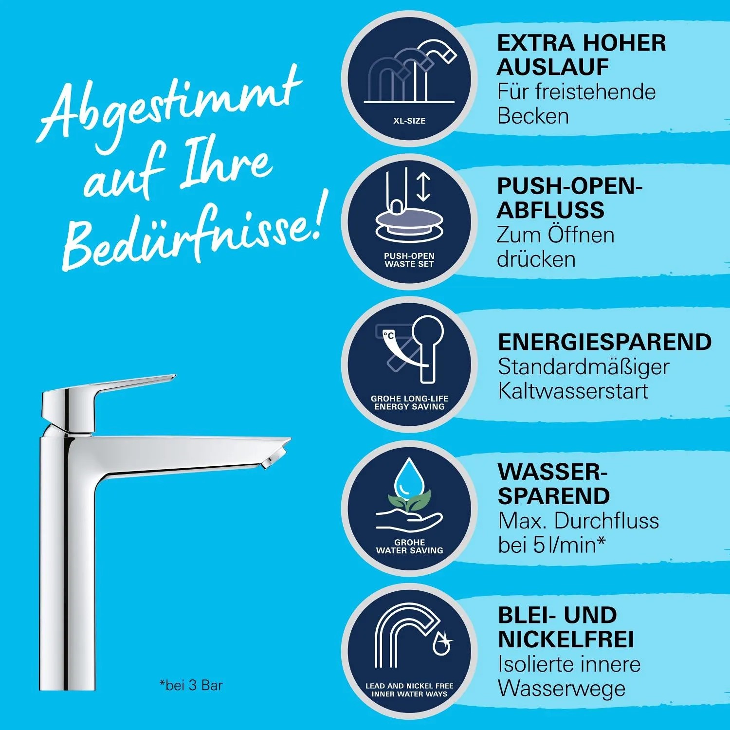 Miscelatore lavabo Grohe QuickFix Start XL: Rubinetto cromato con funzione di risparmio energetico e bocca alta.