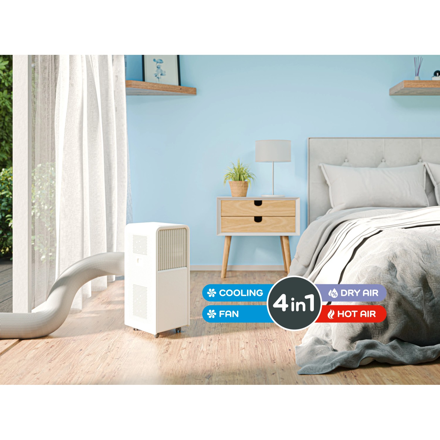Condizionatore portatile KGM 12000-58 in camera da letto, con funzione di raffreddamento, riscaldamento e deumidificazione.