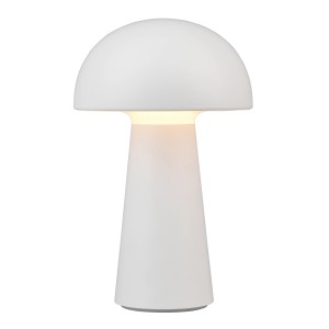 Lampada da tavolo LED Reality Lennon bianca, design a fungo, dimmerabile e resistente agli spruzzi.