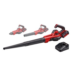 Aspirafoglie/soffiatore a batteria t.b.t. con caricabatterie. Design rosso e nero.