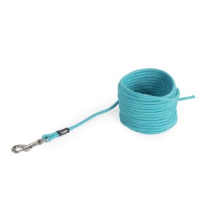 Guinzaglio per cani turchese in corda robusta, arrotolato con moschettone.