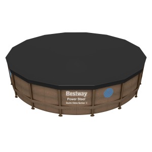 Piscina con pareti in acciaio Bestway coperta, effetto rattan marrone e copertura nera.