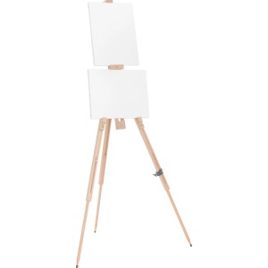 Cavalletto color legno per due tele, ideale per dipingere ed esporre.