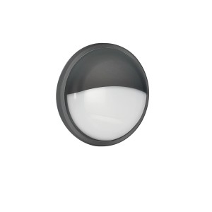 Plafoniera da esterno t.b.t. rotonda in antracite con diffusore bianco.
