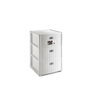 Cassettiera bianca t.b.t. con tre cassetti effetto rattan.