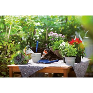 Vello protettivo LUX su tavolo con piante e attrezzi da giardinaggio. Protezione dallo sporco durante il giardinaggio.