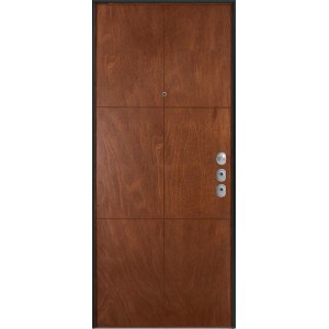 Porta blindata marrone effetto legno con maniglia argentata.
