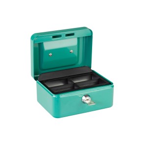 Cassetta portavalori Burg Wächter Money 5015 turchese aperta con inserto per monete e chiave.