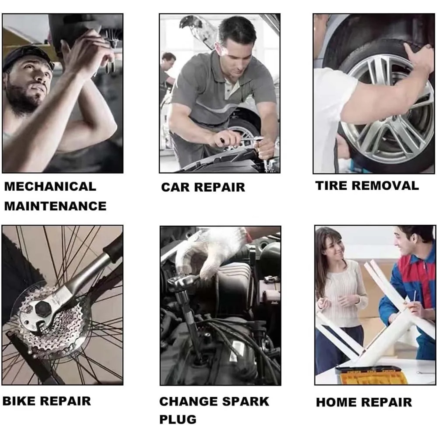 Immagini di vari lavori di riparazione che possono essere eseguiti con un set di attrezzi.